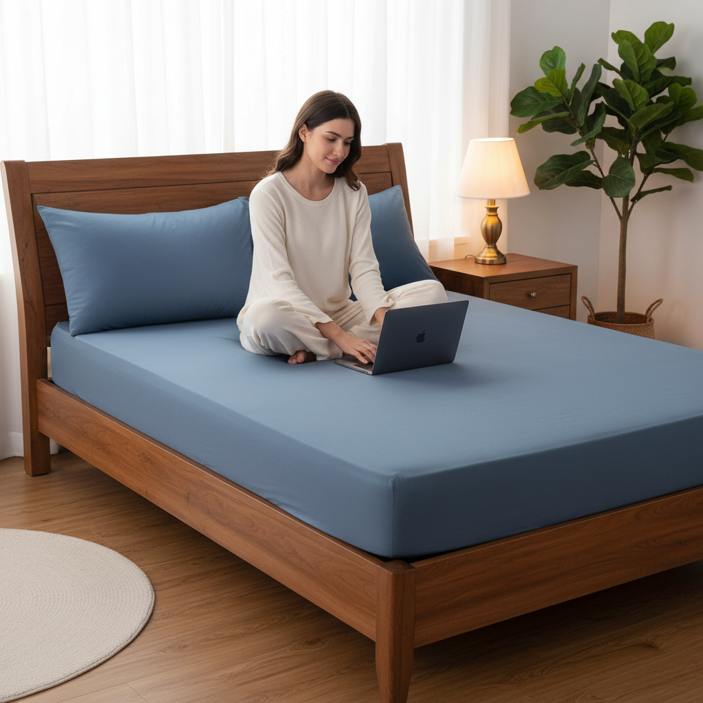 femme avec ordinateur sur drap housse bleu 140x190 coton