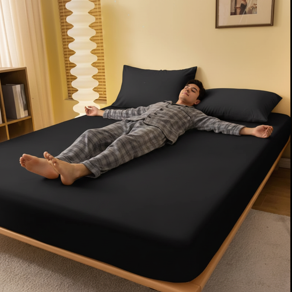 Jeune homme sur drap housse noir 160x200 coton