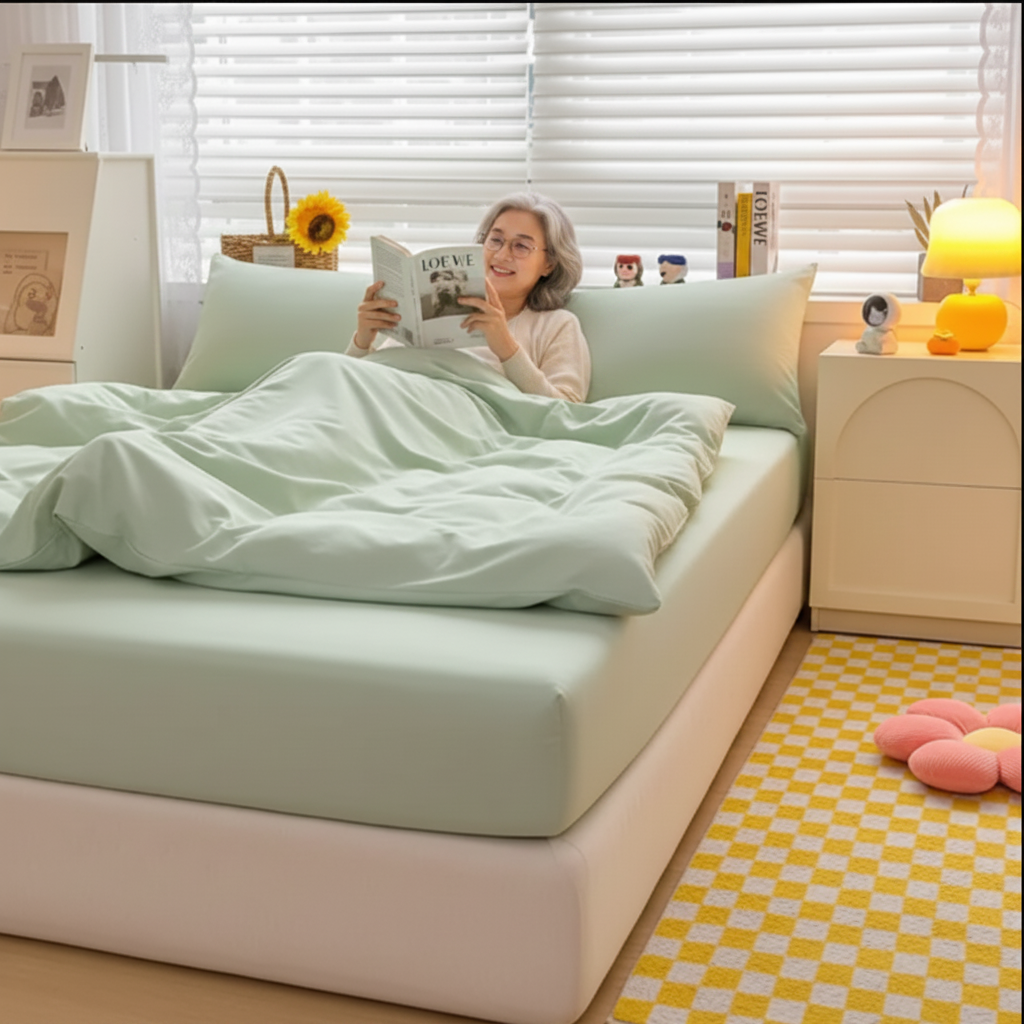 dame mature lisant sur drap housse vert 180x200 coton