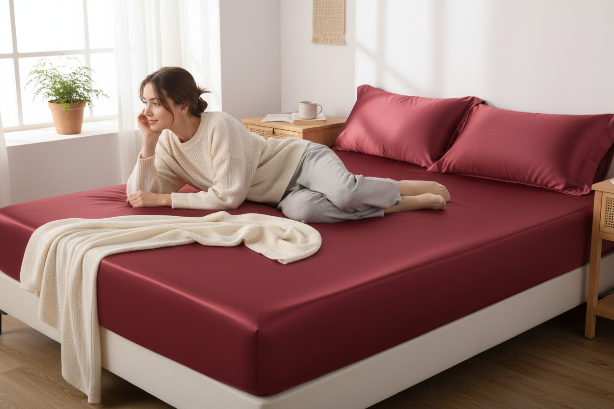 drap housse bordeaux satin ambiance naturelle