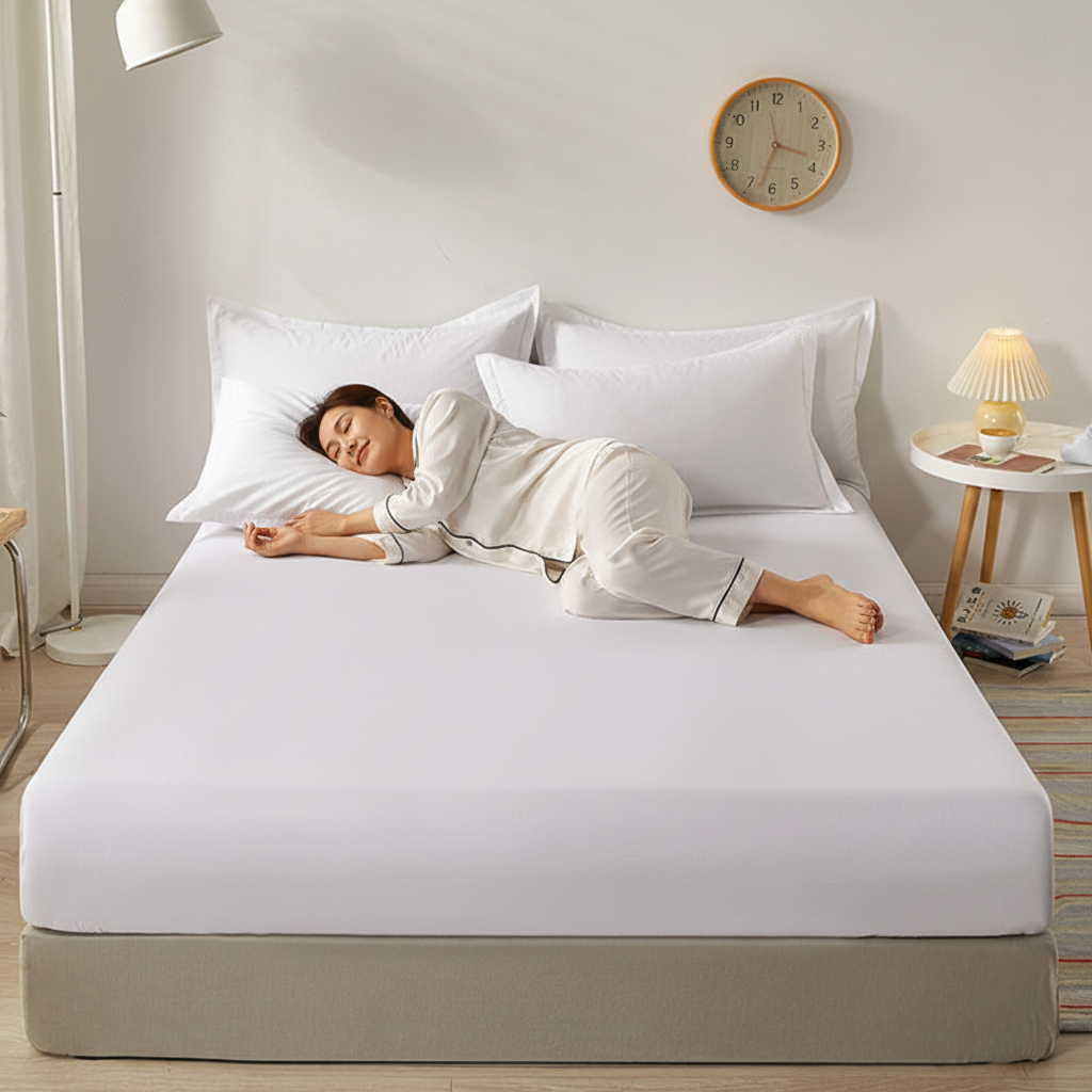 femme adulte sur drap housse blanc 160x200 coton