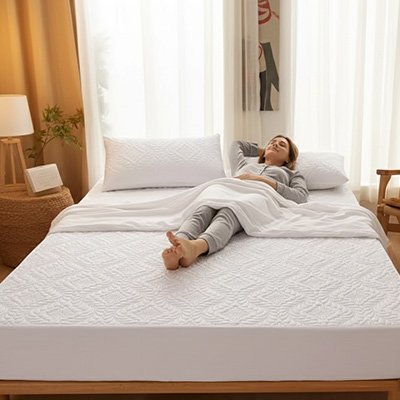 femme avec protege matelas blanc impermeable