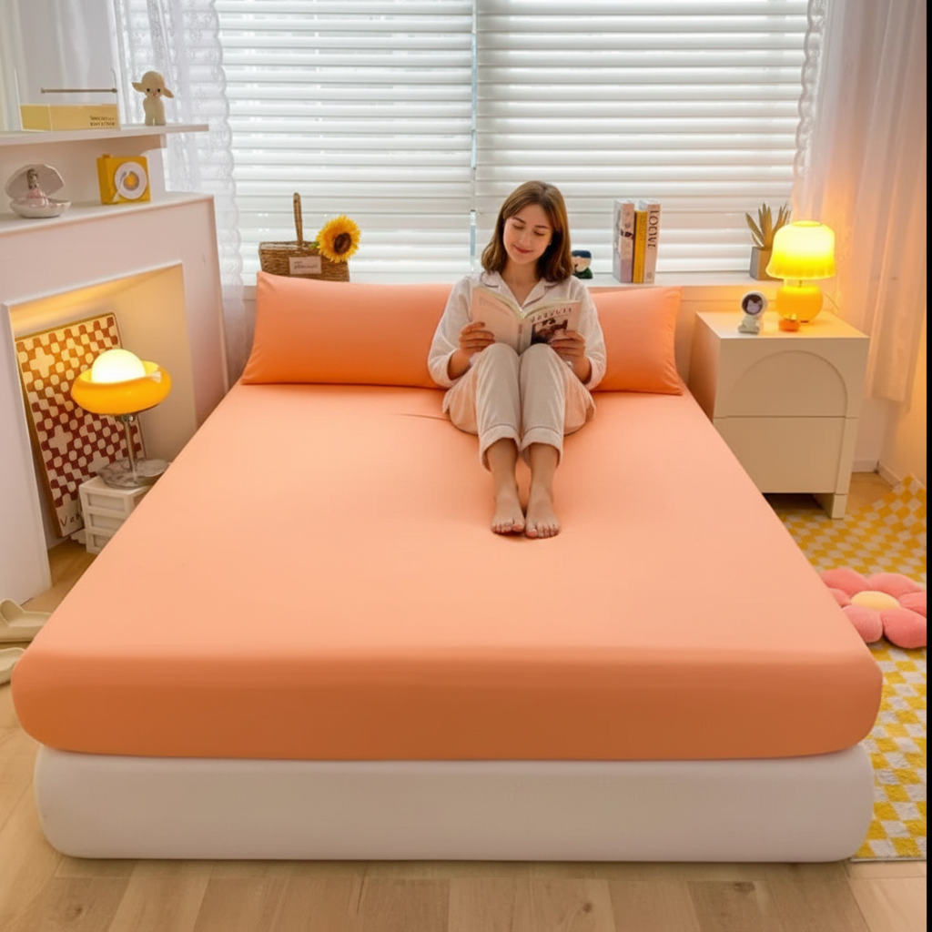 femme dans le lit avec drap housse orange 180x200 coton