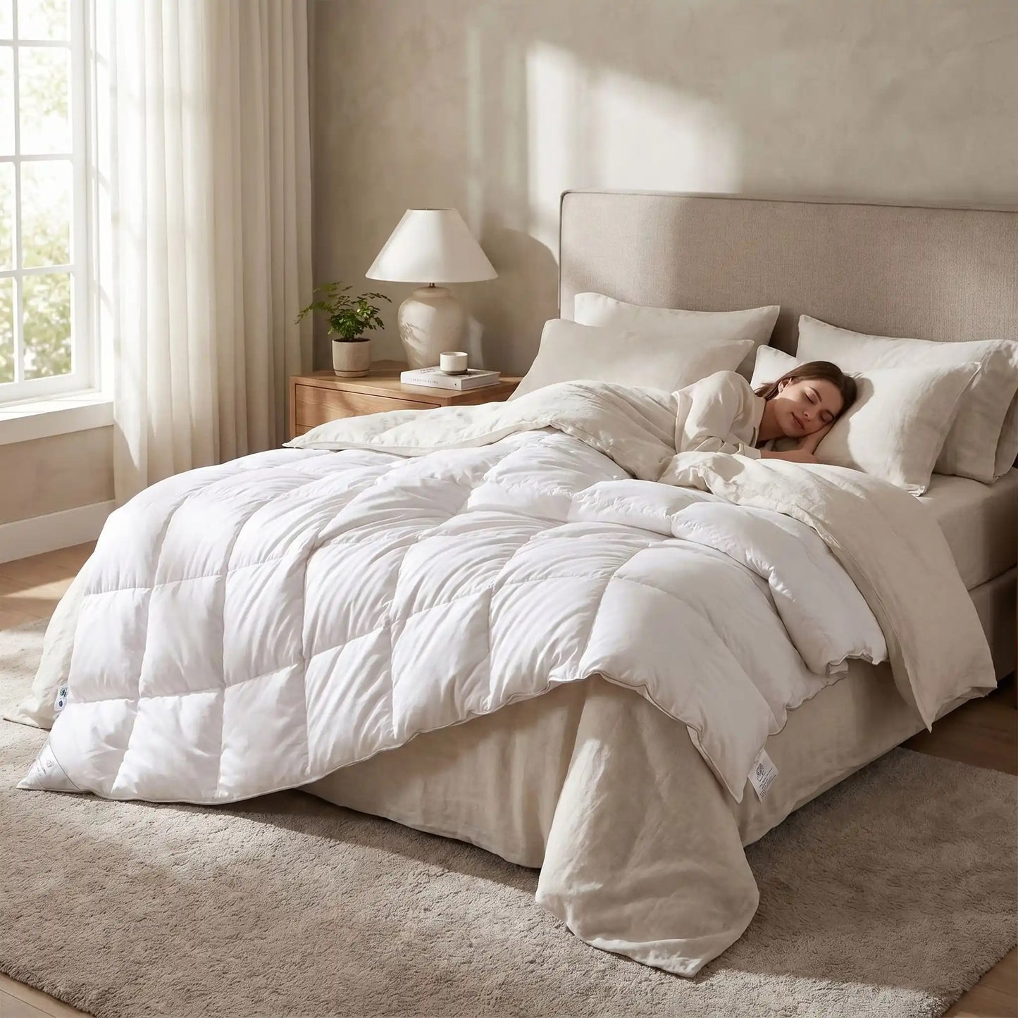 femme qui dort avec couette 240x260 blanc de luxe