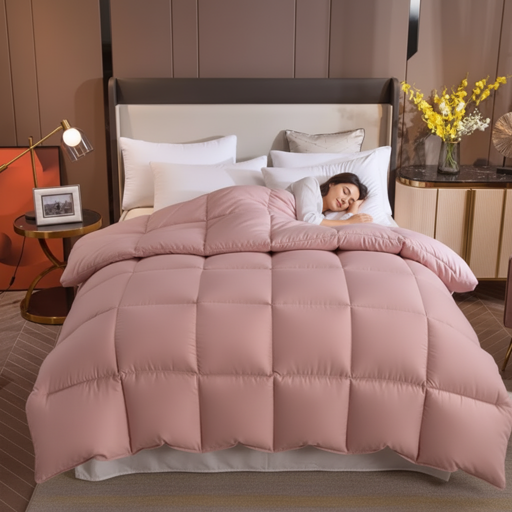 femme qui dort avec une couette rose
