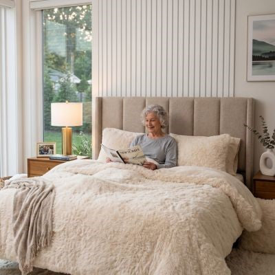 grand mere dans son lit avec parure de lit beige