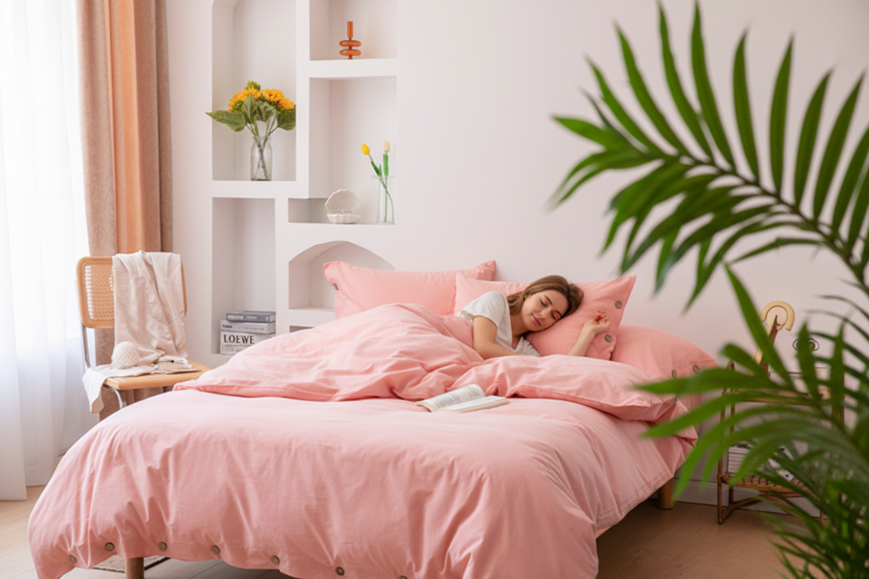 housse de couette 260x240 rose avec jeune fille