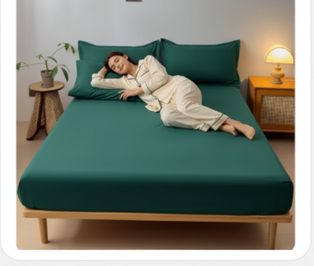 jeune femme en pyjama sur drap housse vert en coton