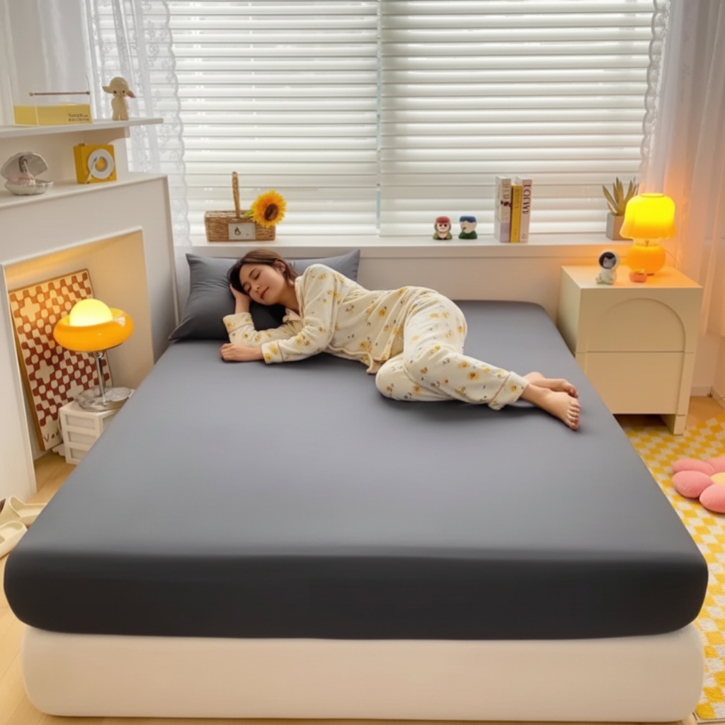 jeune femme sur drap housse 180x200 gris coton