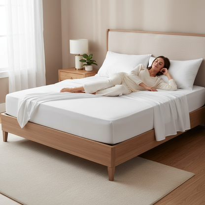 jeune femme sur drap housse blanc 140x190 coton