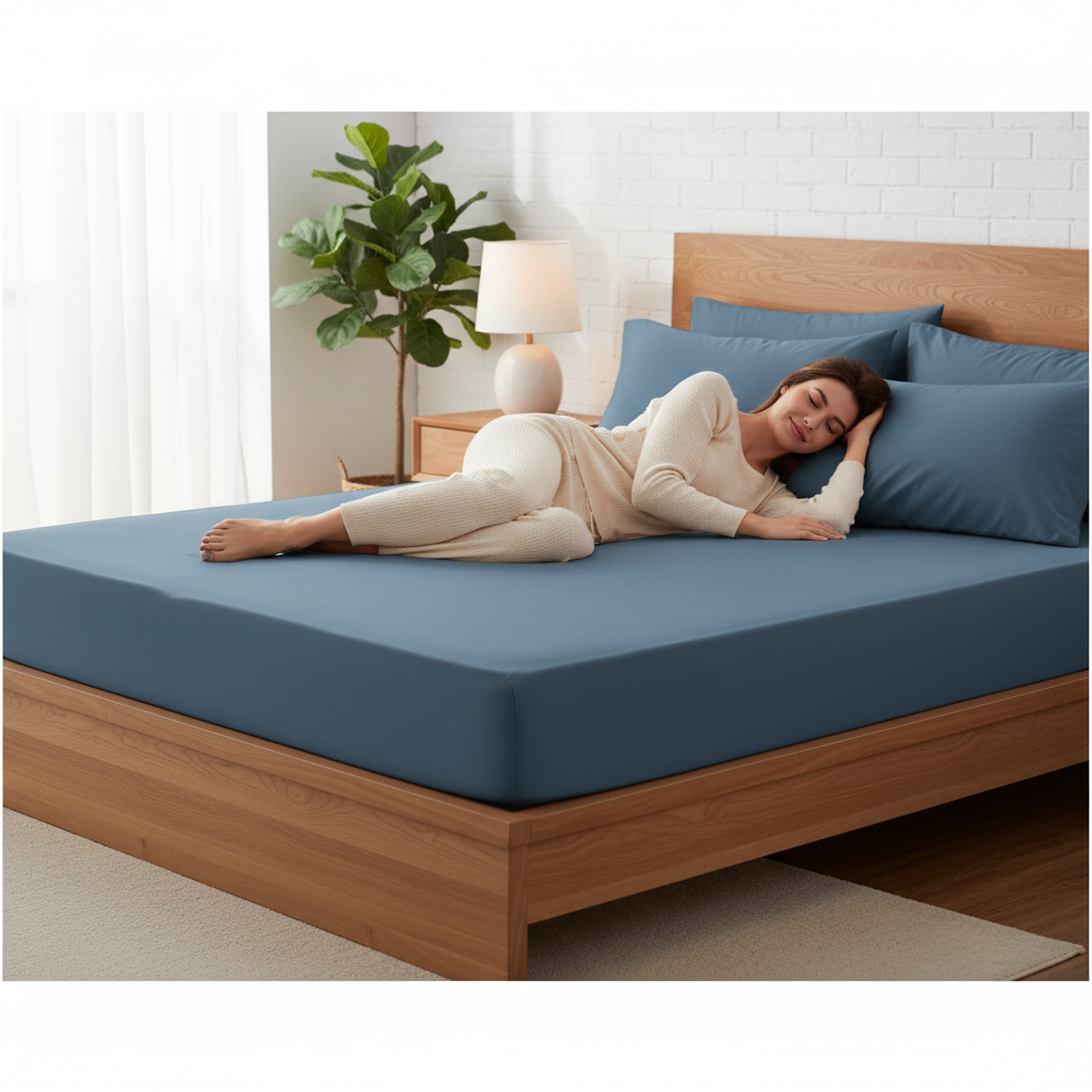 jeune femme sur drap housse bleu 140x190 coton
