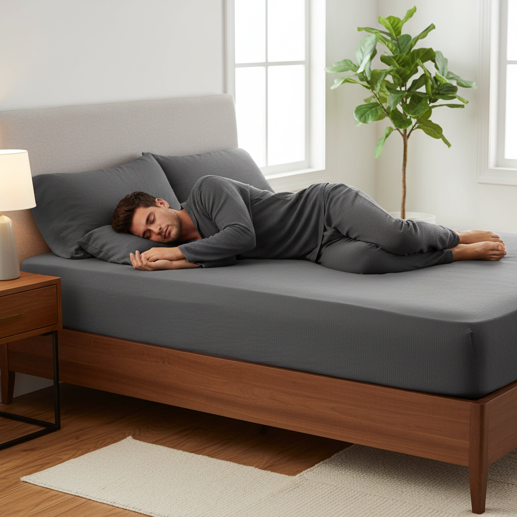 jeune homme dormant sur drap housse gris 140x190 coton