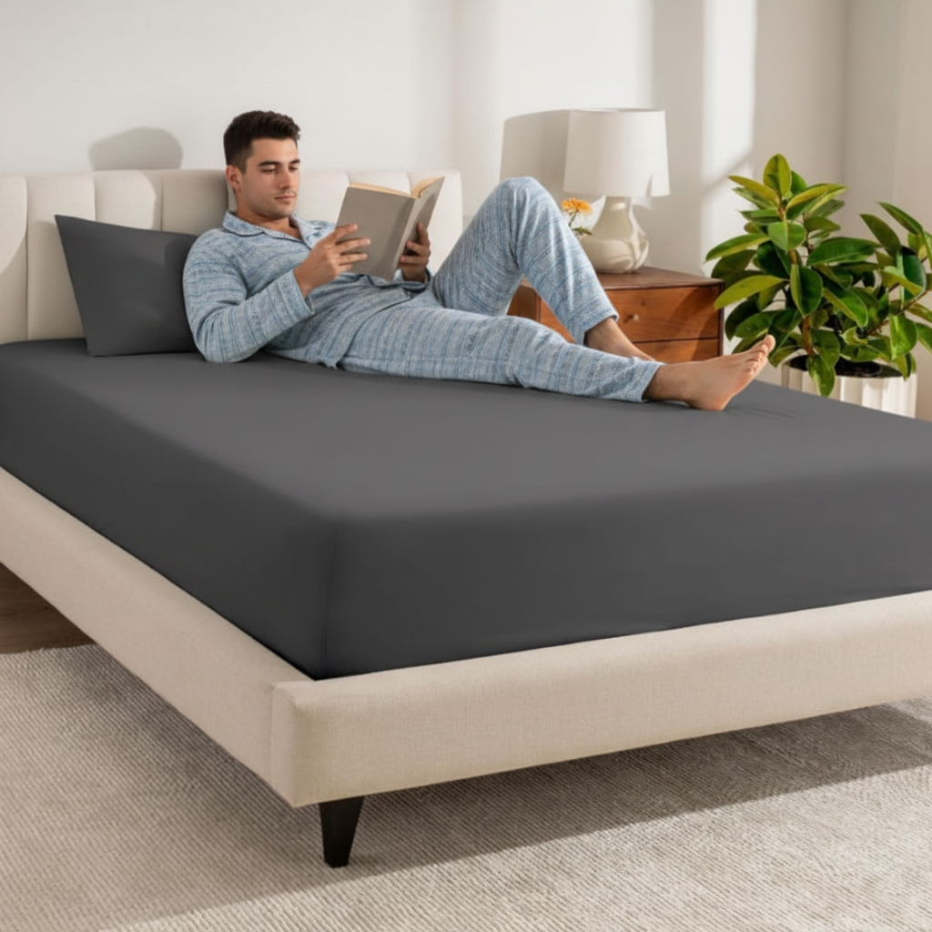 jeune homme lisant sur drap housse gris 140x190 coton